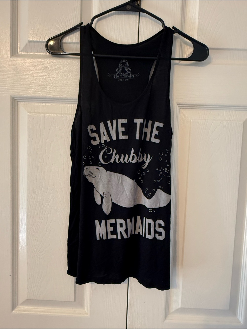 Bear Dance Black Tank with White "Save The Chubby Mermaids" Graphic